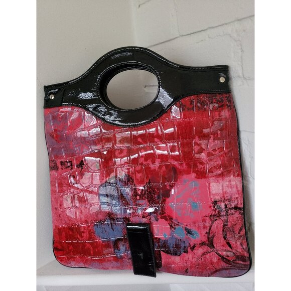 Vintage Patent Leather Tote Purse: Red & Black Top Handle Bag - Picture 1 of 10